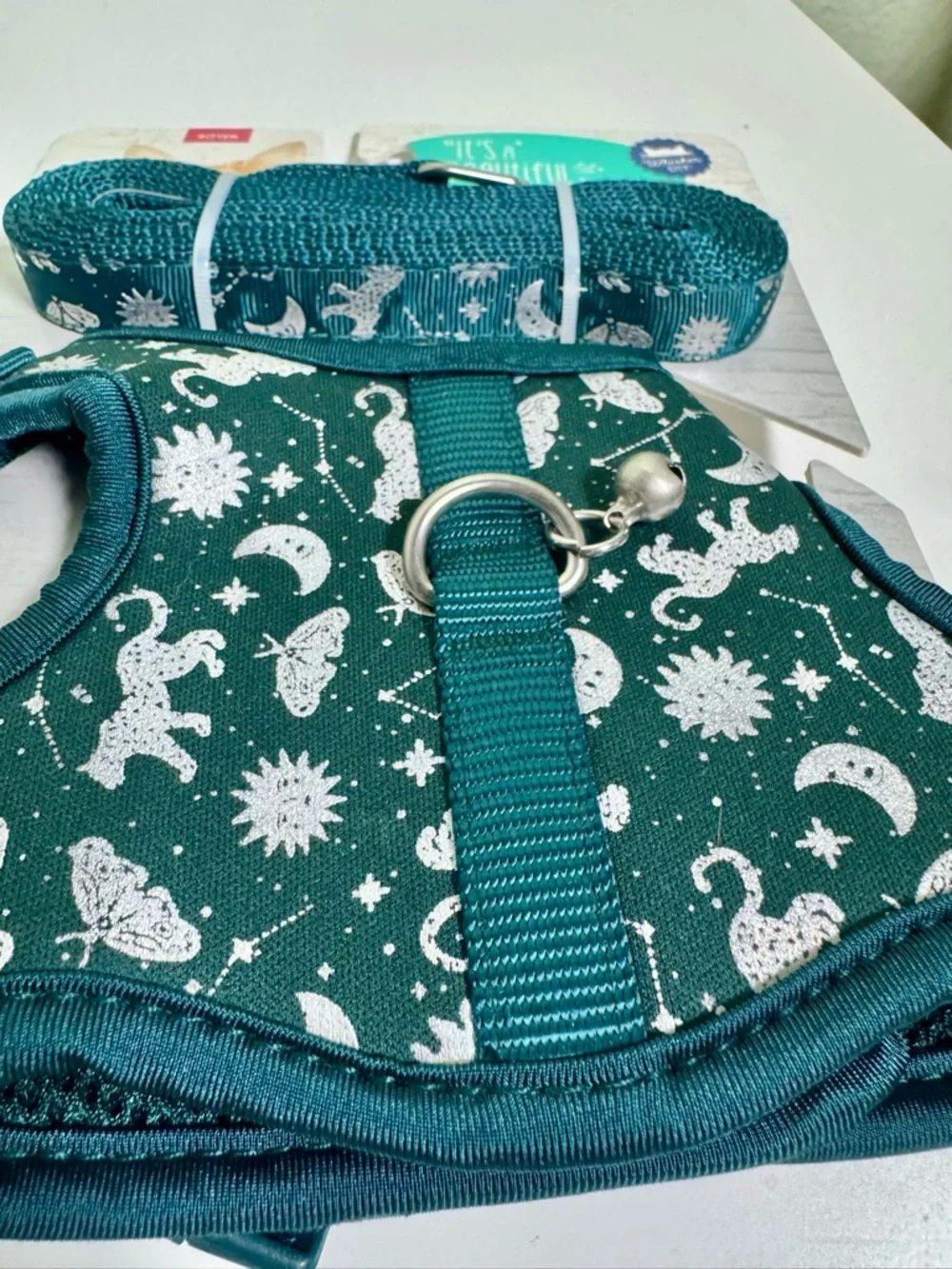 Teal Cat Harness & Leash Set with Celestial Cat Print